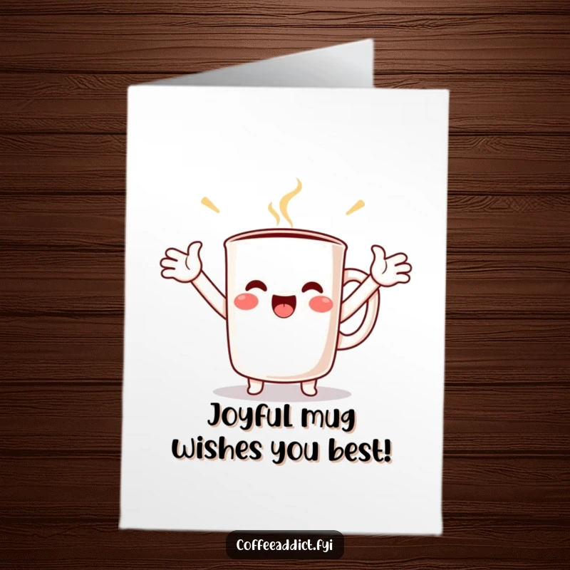 Funny Free Printable Birthday Card of a kawaii coffee mug with arms wide open, embodying pure joy and celebration.