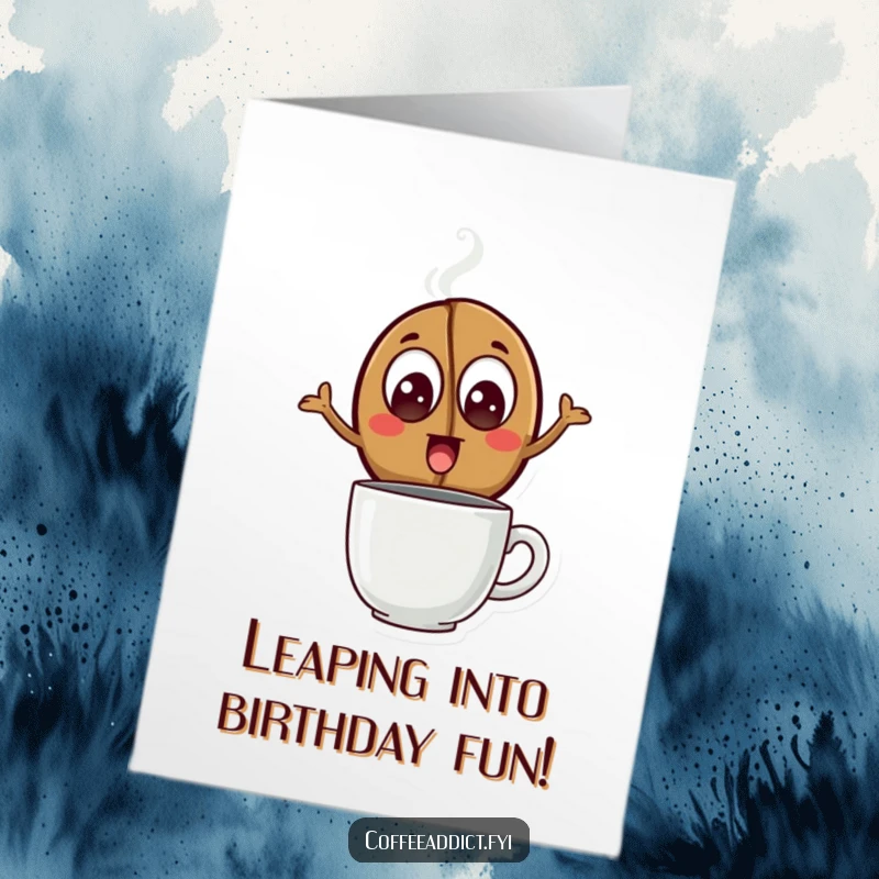 Funny Free Printable Birthday Card: An excited coffee bean leaps over a steaming mug, celebrating a birthday with gusto.
