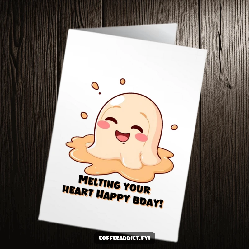 Funny Free Printable Birthday Card featuring a coffee puddle character with a wide, goofy grin, enjoying a hilarious melt.