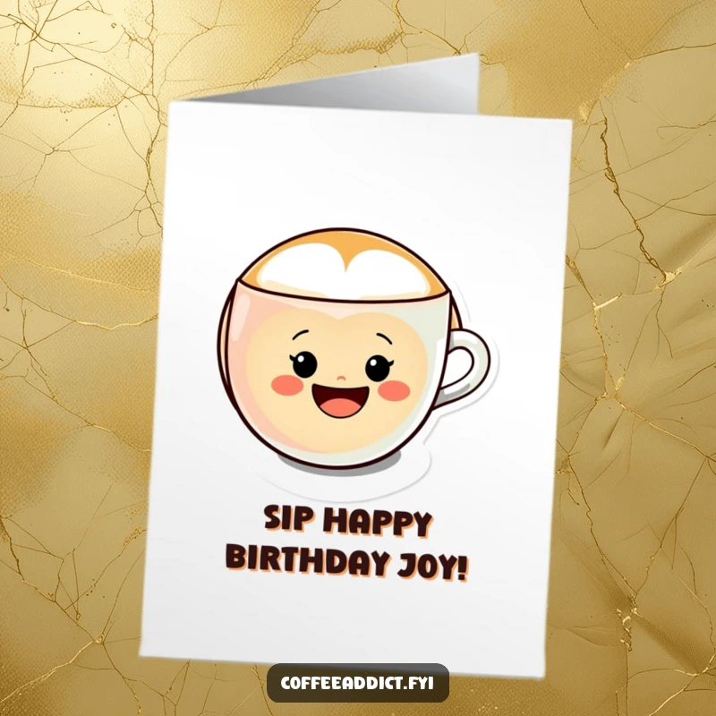 Funny Free Printable Birthday Card: Kawaii latte art character forming a cheerful smiley face in a coffee cup, celebrating joyfully.