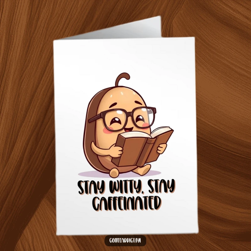 Funny Free Printable birthday card featuring a coffee bean with spectacles reading a huge book, a smart downloadable gift.