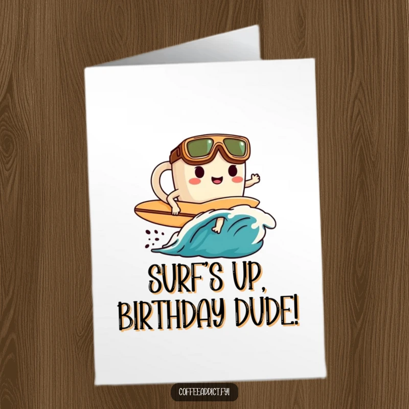 Funny Free Printable Birthday Card featuring a coffee mug with goggles and surfboard, ready to surf a coffee wave.