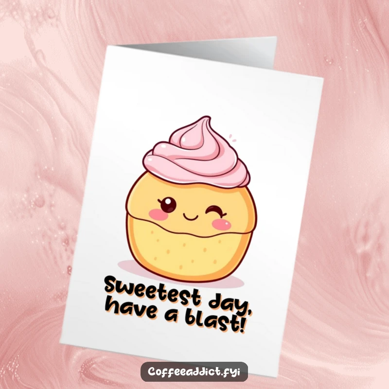 Funny Free Printable Birthday Card: Kawaii pastry with delighted frosting, a sweet and joyful birthday greeting.