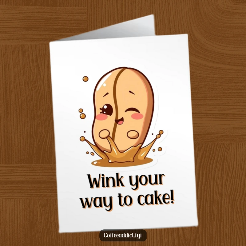 Funny Free Printable Birthday Card: Coffee bean character winking mischievously while splashing a tiny bit of liquid.