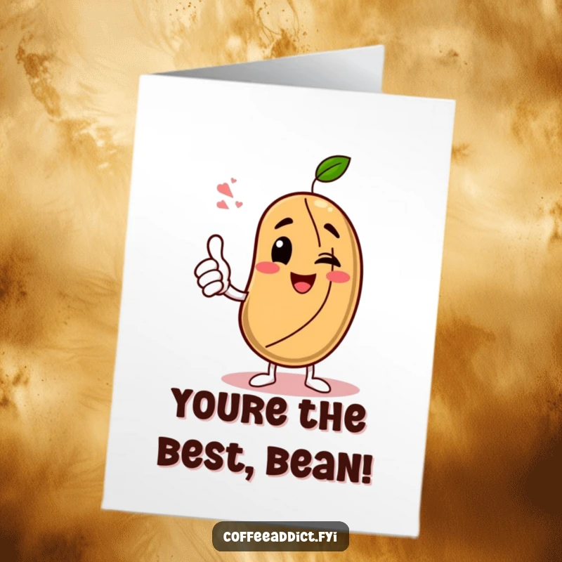 Funny Free Printable birthday card featuring a coffee bean character giving a thumbs-up and a wink, a cool downloadable gift.