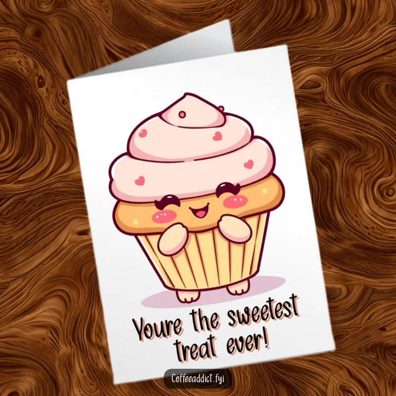 Funny Free Printable Birthday Card: Kawaii muffin character performing a pleased little bow, wishing a happy birthday.