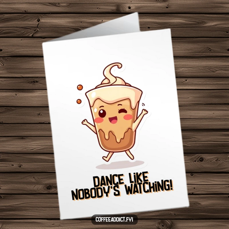 Funny Free Printable Congrats Card: Coffee drip character dancing adorably to celebrate, a fantastic DIY gift.