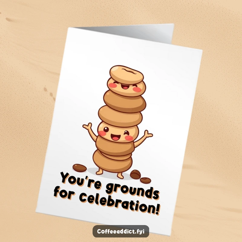Funny Free Printable Coffee Bean Congratulation Card: A stack of cheerful coffee beans attempts a silly, wobbly pose together.