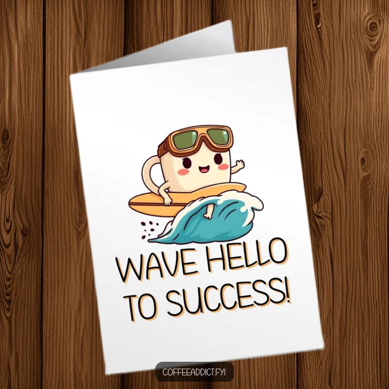 Funny Free Printable Congratulations Card: A coffee mug with goggles and surfboard celebrates a victory, riding a coffee wave.