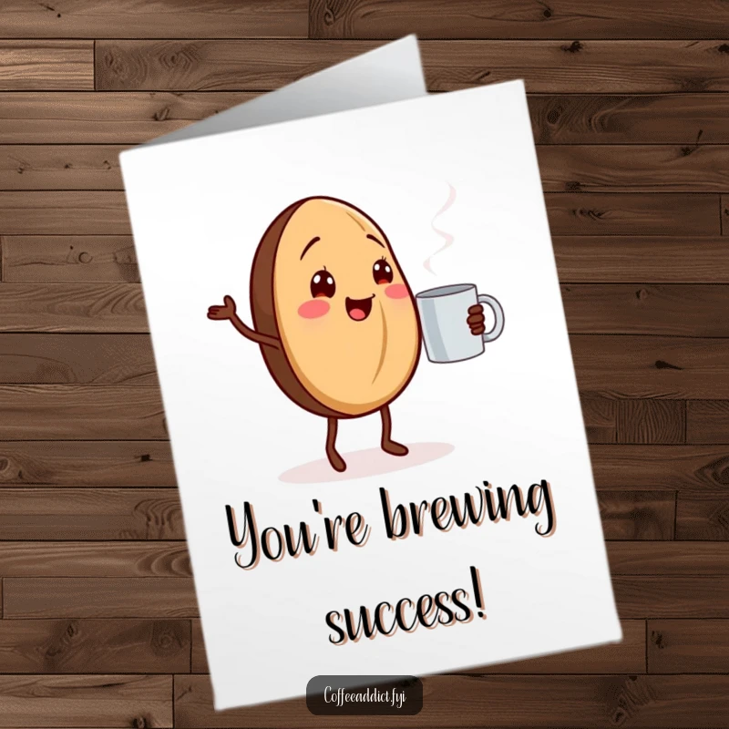 Funny Free Printable Congratulations Card: Cheerful Coffee Bean Dancing Next to Steaming Mug