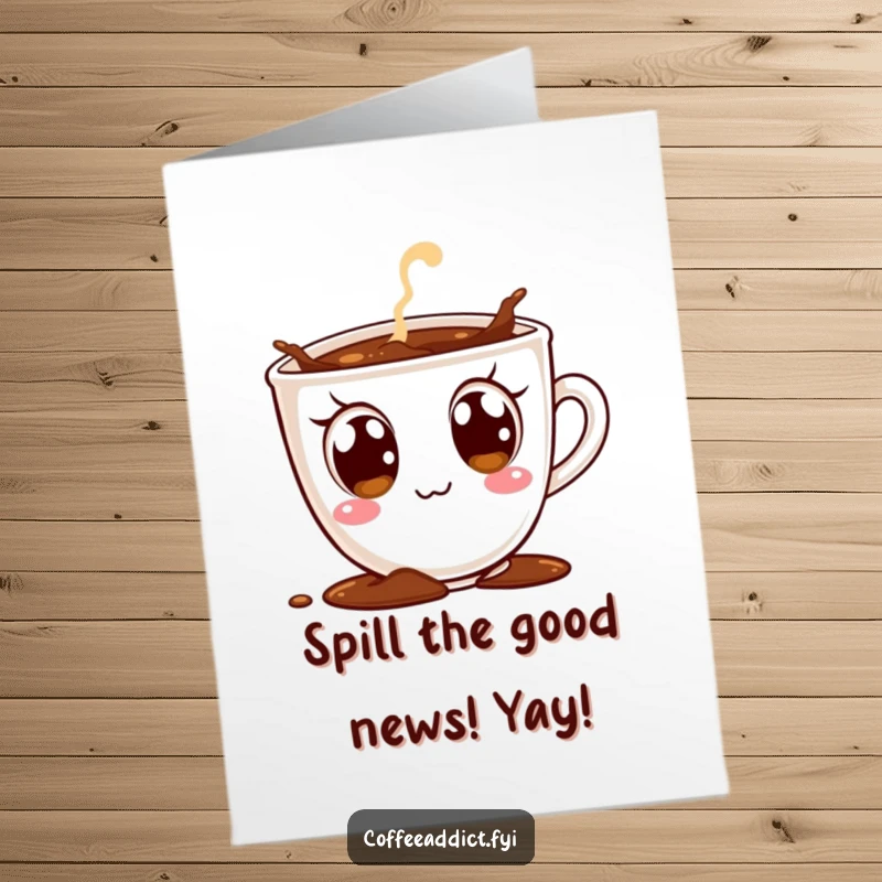 Funny Free Printable Congrats Card: An excited coffee cup character energetically spills over, celebrating success.