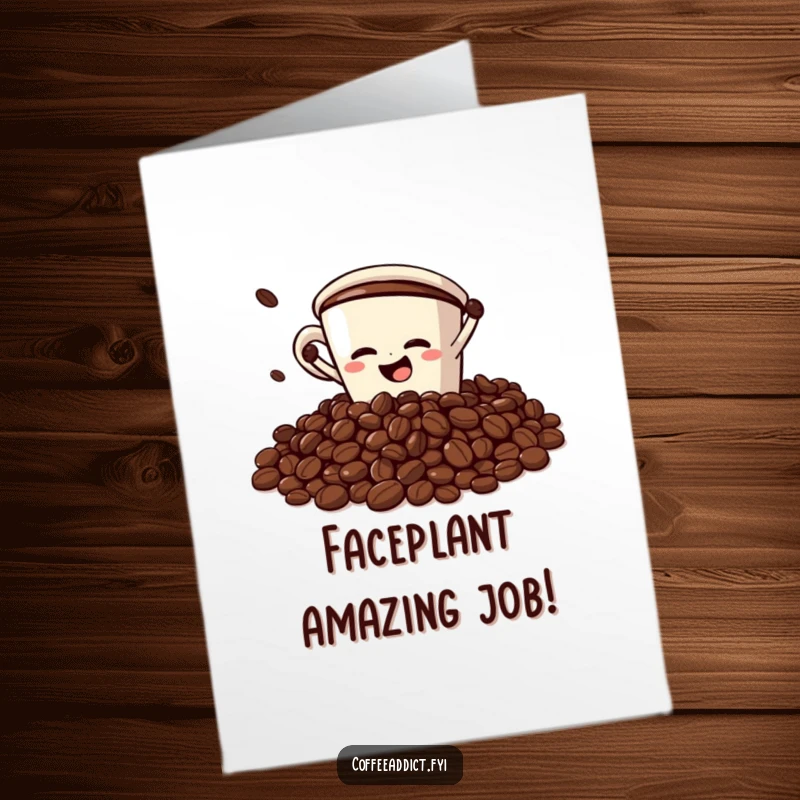 Funny Free Printable congratulations card with a coffee cup character comically faceplanting into coffee beans, a humorous downloadable gift.