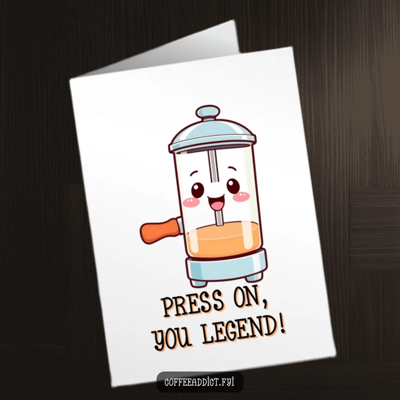 Funny Free Printable Congratulations Card: Smiling Kawaii French press character pressing down heroically to celebrate success.