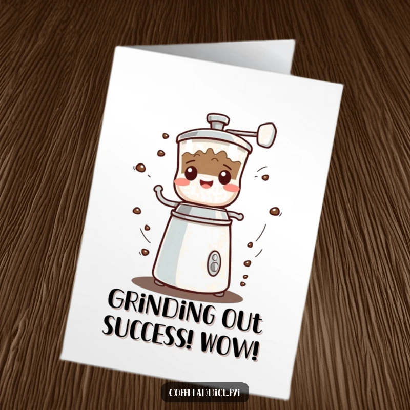 Funny Free Printable Congratulations Card: Kawaii coffee grinder spinning fast with a happy grumble, celebrating success, instant download.