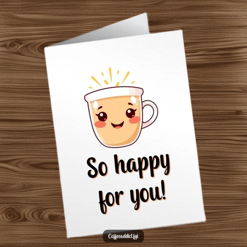 Funny Free Printable congratulations card with a radiant coffee cup character spreading warmth and happiness, a joyful downloadable gift.