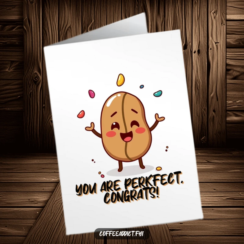 Funny Free Printable Congrats Card: A giggling coffee bean juggles colorful sprinkles, celebrating a fantastic achievement.