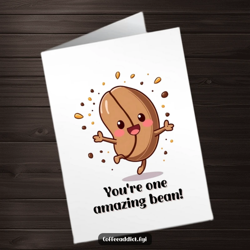 Funny Free Printable Congratulations Card: Kawaii coffee bean character performing an energetic somersault with sprinkles, celebrating success.