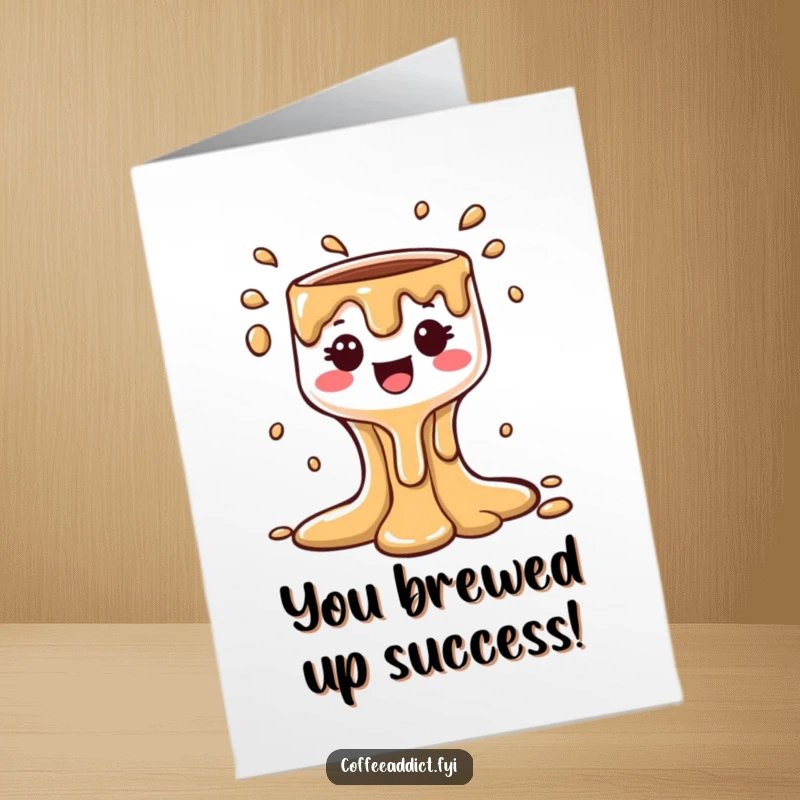 Funny Free Printable Congrats Card with a kawaii coffee drip character creating a cheerful, bubbly cascade, perfect for any achievement.