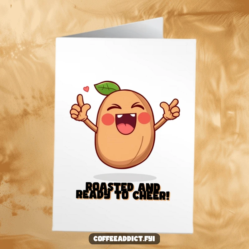 Funny Free Printable Congrats Card: Whole coffee bean character roaring triumphantly, a powerful downloadable gift.