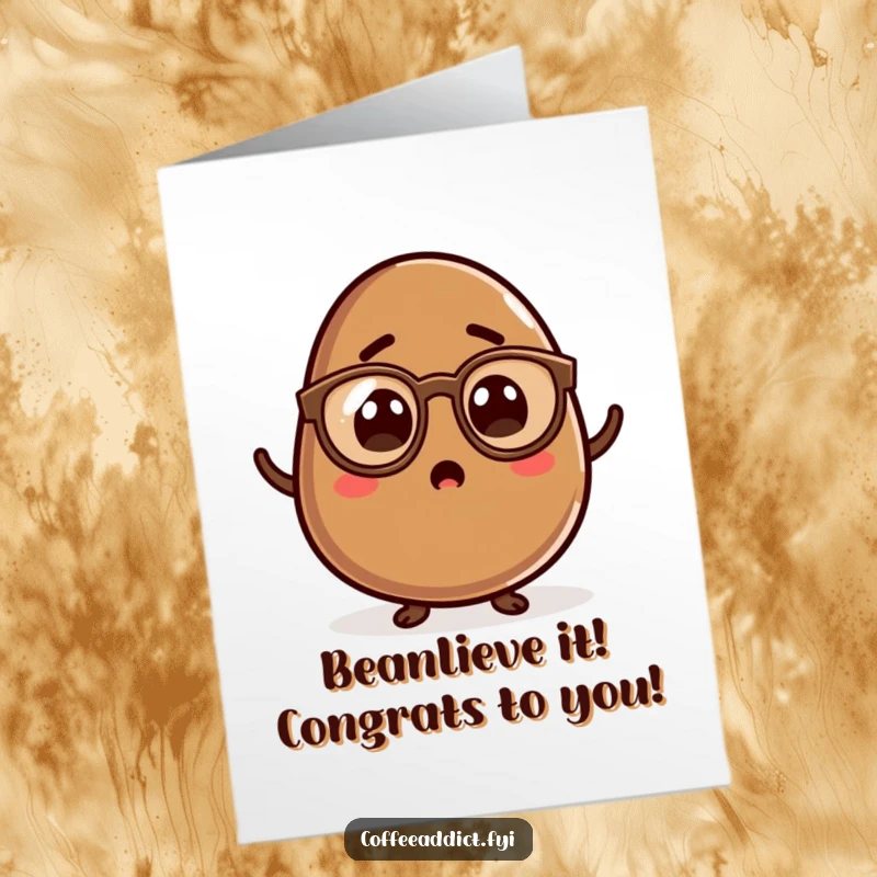 Funny Free Printable Congratulations Card showing a kawaii coffee bean with spectacles, eyes wide in comical astonishment.
