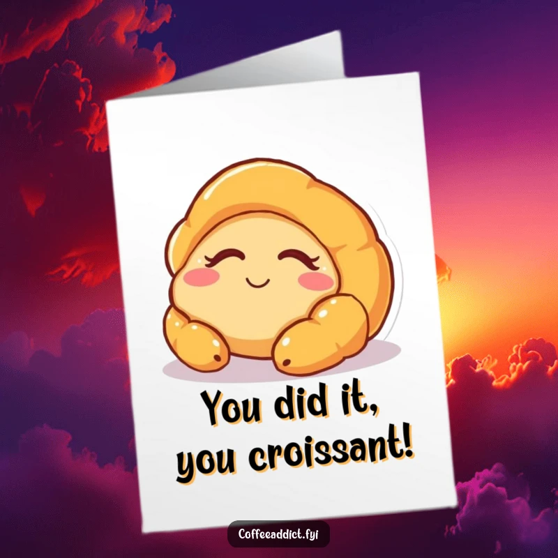 Funny Free Printable Congratulations Card: A sleepy croissant character waking up with a happy smile, celebrating success with a sweet downloadable message.