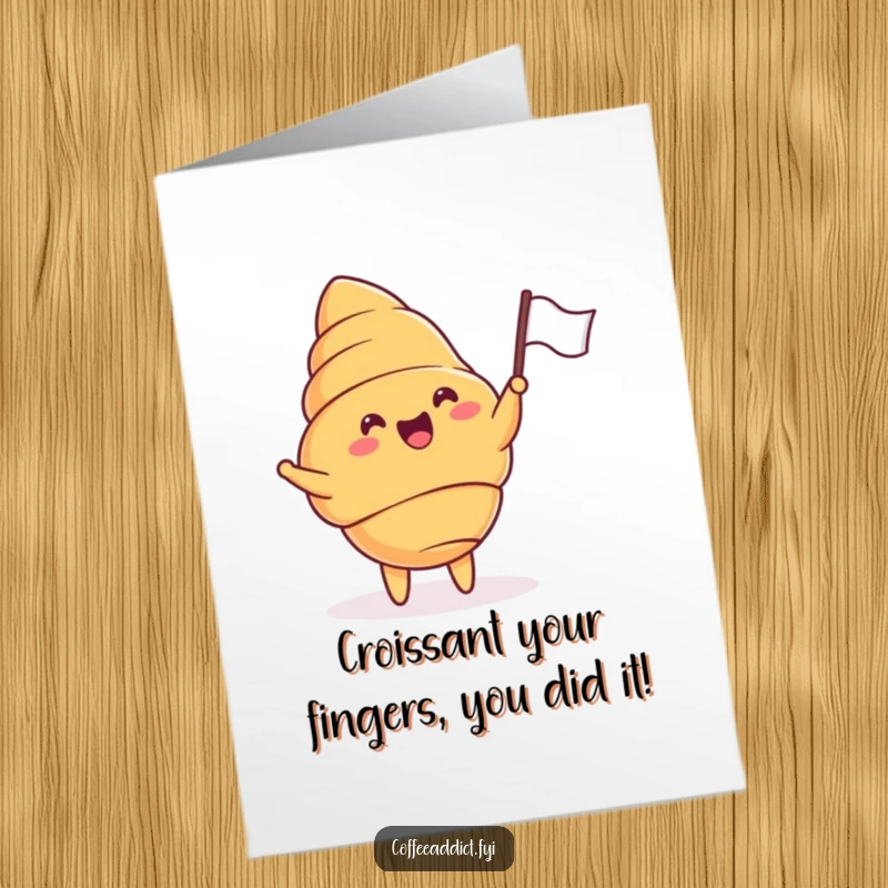 Funny Free Printable Congrats Card: A croissant waves a tiny flag with delight, cheering on a special achievement.