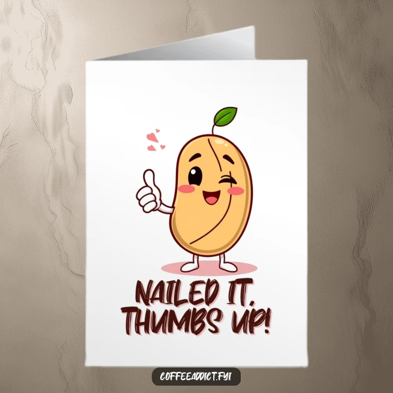Funny Free Printable congratulations card with a coffee bean character giving an enthusiastic thumbs-up and a wink, a cool downloadable gift.
