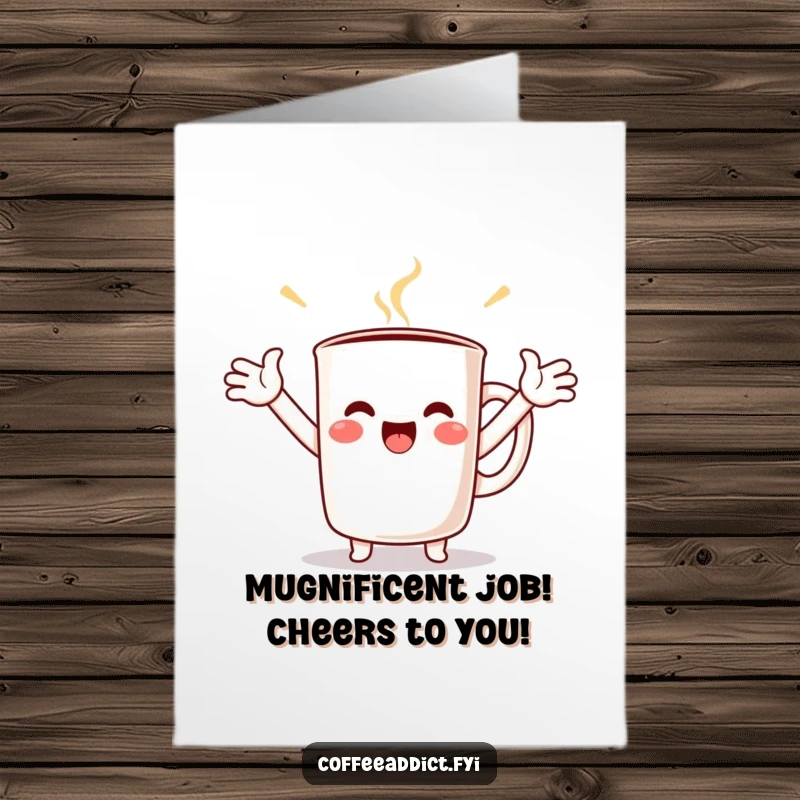 Funny Free Printable Congratulations Card showing a kawaii coffee mug with arms outstretched, expressing excited, overflowing happiness.