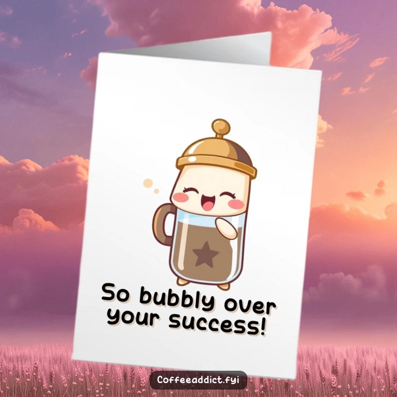 Funny Free Printable Congrats Card: French press character releasing bubbly sigh of joy, a delightful downloadable gift.