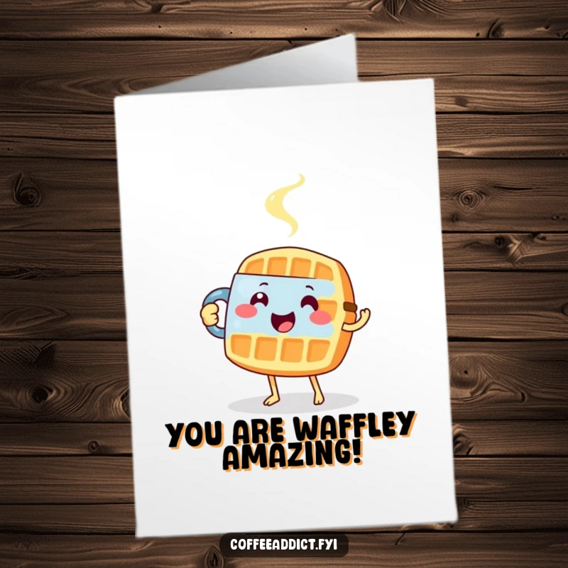 Funny Free Printable Congrats Card: A happy waffle tiptoes with a steaming mug, offering warm congratulations.
