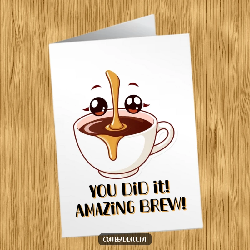 Funny Free Printable Congratulations Card: A happy coffee drip celebrates an achievement with a splashy, cheerful expression.