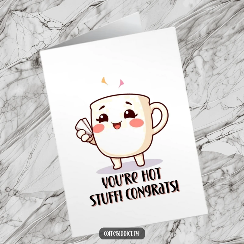 Funny Free Printable Congrats Card: A cheerful coffee mug character with rosy cheeks dramatically fanning itself in excitement.