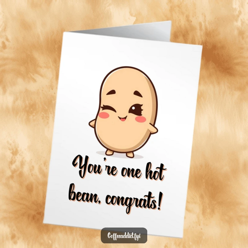 Funny Free Printable Congrats Card: Kawaii coffee bean winking with a mischievous grin, celebrating achievements with playful charm.