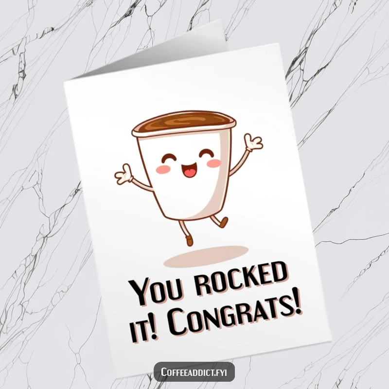 Funny Free Printable Congratulations Card: A coffee cup with tiny legs doing an energetic dance to celebrate achievements. A cheerful downloadable greeting.