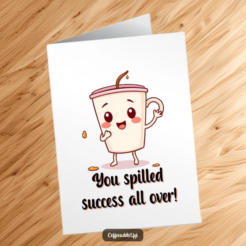 Funny Free Printable Congratulations Card: Coffee cup character in a silly dance, spilling drops, celebrating a success.
