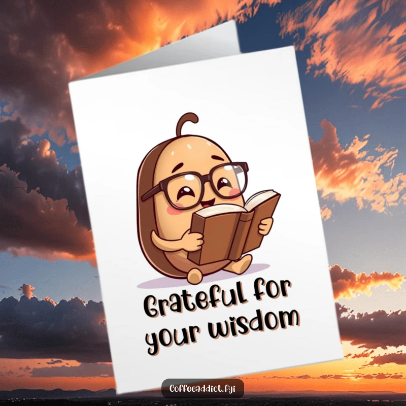 Funny Free Printable thank you card of a coffee bean character in spectacles reading a large book, a literary downloadable gift.