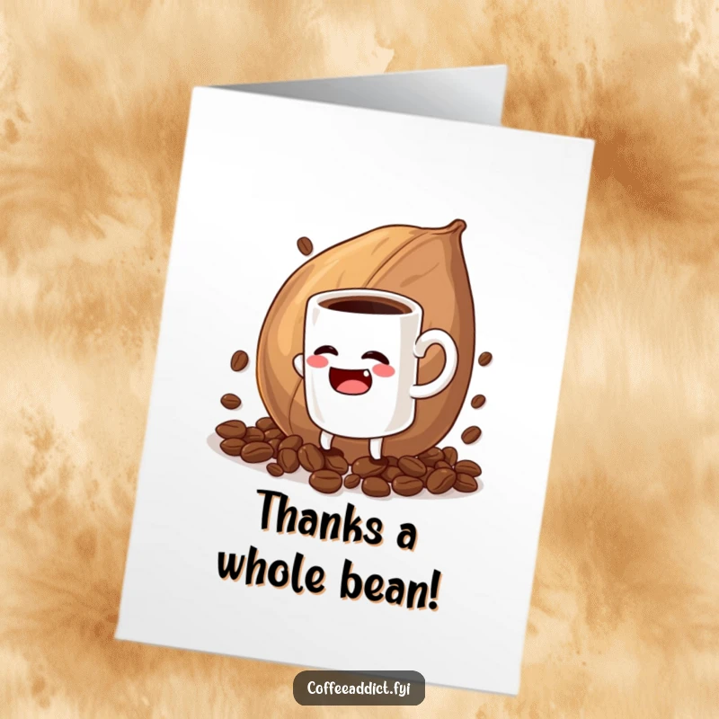 Funny Free Printable Thank You Card with a coffee mug character hilariously struggling with a giant coffee bean, conveying unexpected gratitude.