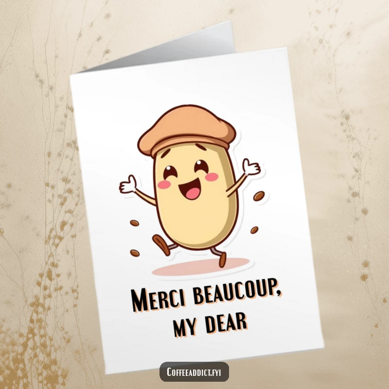 Funny Free Printable Thank You Card: A coffee bean wearing a beret, dancing joyfully with flair.