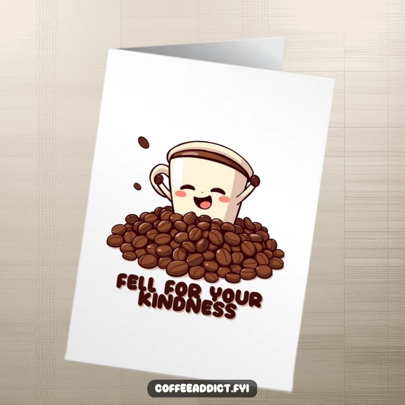 Funny Free Printable thank you card of a coffee cup character doing a comical faceplant into a pile of coffee beans, a funny downloadable gift.