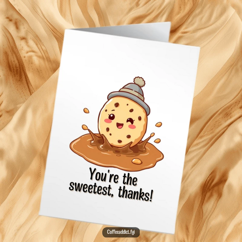 Funny Free Printable Thank You Card: Perky Cookie in Tiny Hat Joyfully Splashing in Coffee Puddle