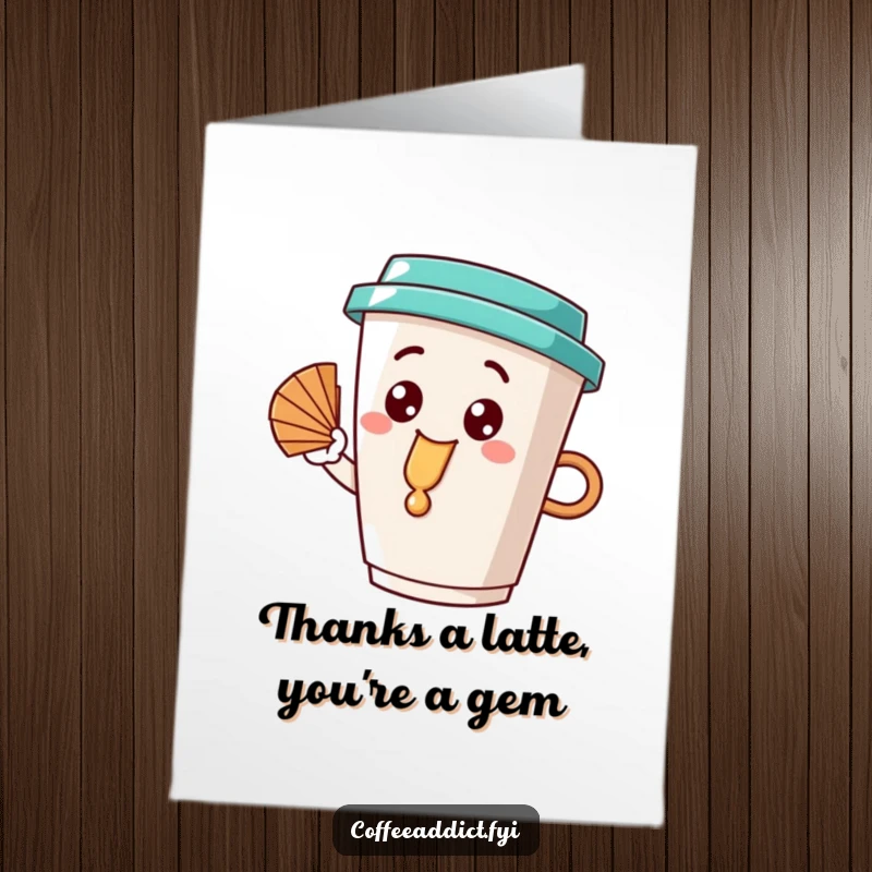 Funny Free Printable Thank You Card: Coffee cup character with a happy dribble fanning itself in the heat.