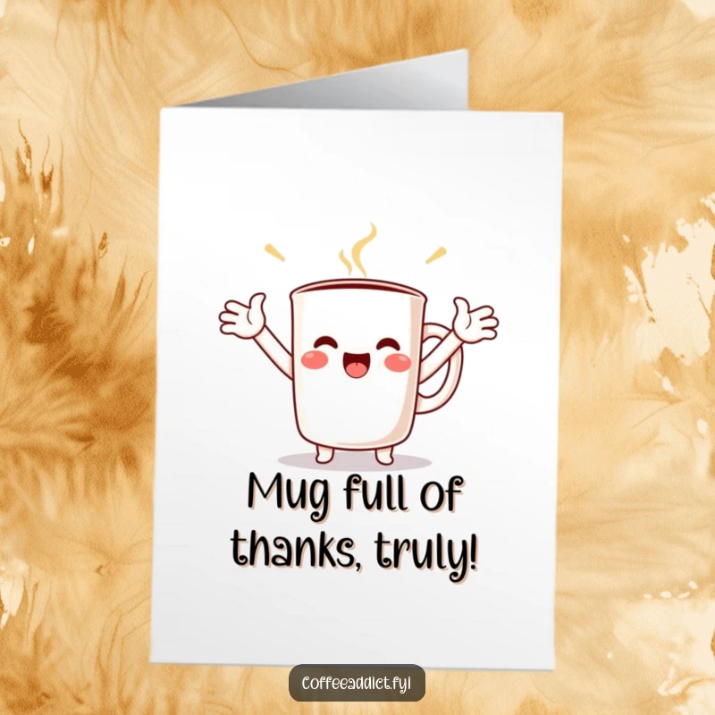 Funny Free Printable Thank You Card of a kawaii coffee mug with arms wide, radiating gratitude and joy.