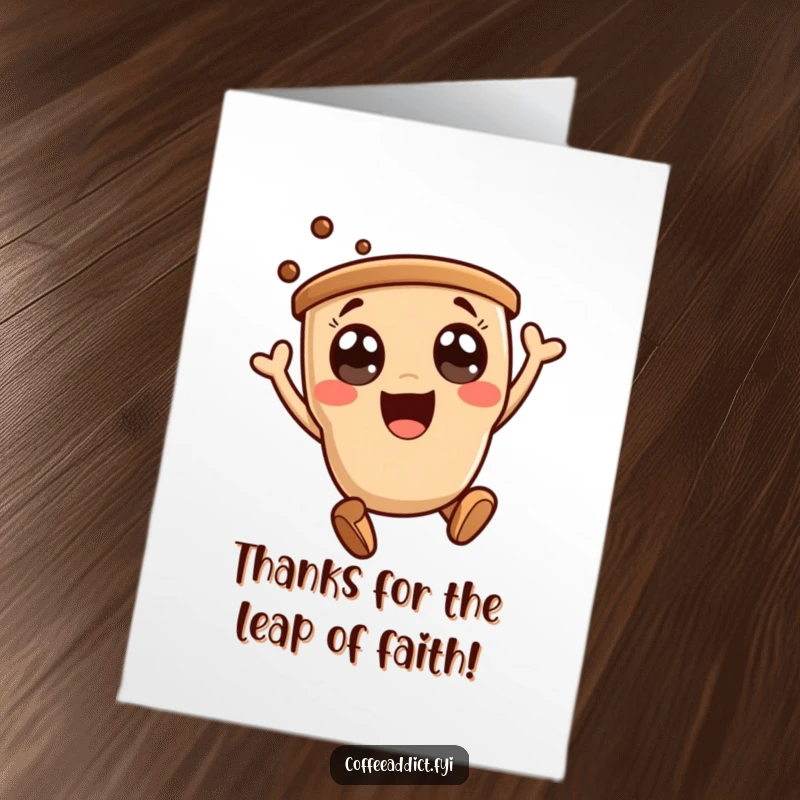 Funny Free Printable Thank You Card: A cute kawaii coffee character jumps with excitement, expressing heartfelt, energetic gratitude.