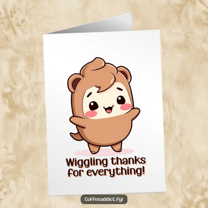Funny Free Printable Thank You Card: Giggling Kawaii mocha character doing a joyful wiggle to express deep gratitude.