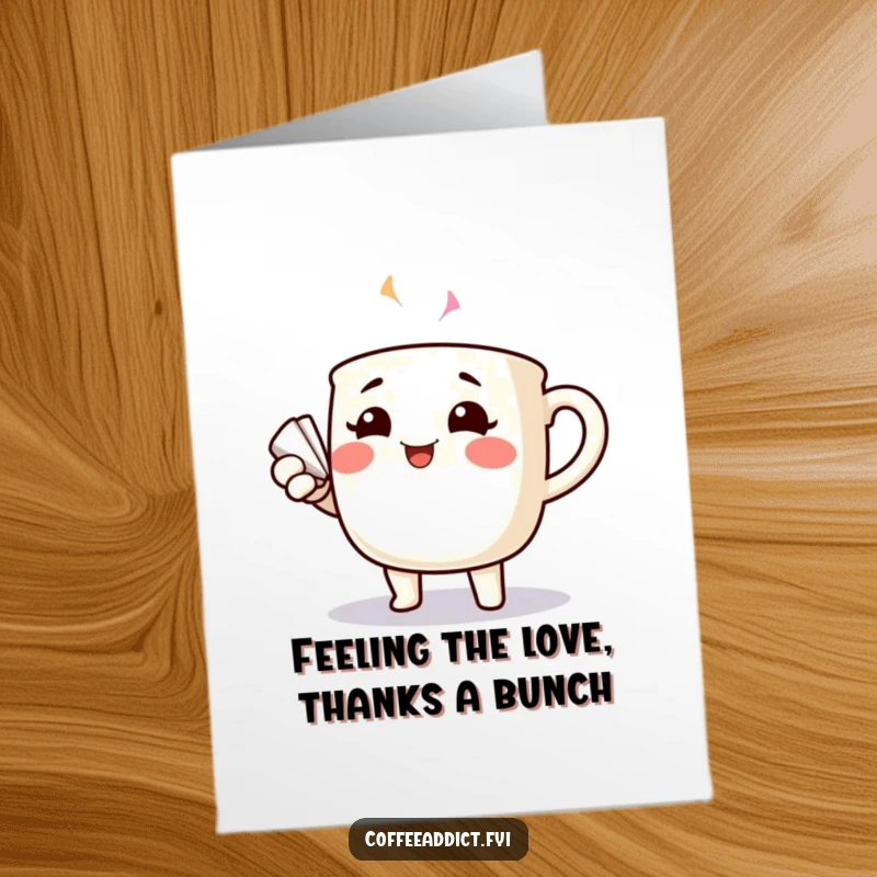 Funny Free Printable Thank You Card: Cheerful coffee mug character with rosy cheeks fanning itself to express thanks.