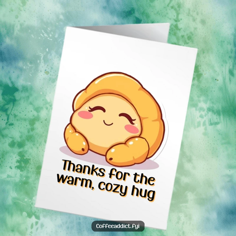 Funny Free Printable Thank You Card: A sleepy croissant character waking with a smile, offering warm thanks in a cute, downloadable format.