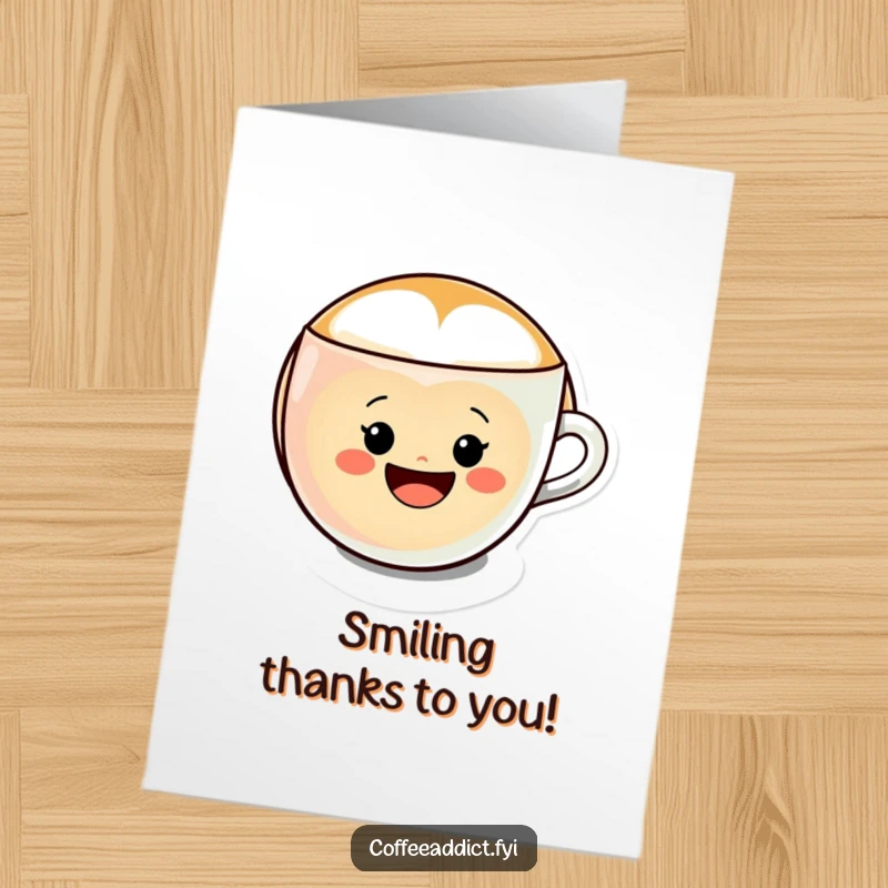 Funny Free Printable Thank You Card: Kawaii latte art character forming a cheerful smiley face in a cup, expressing thanks.