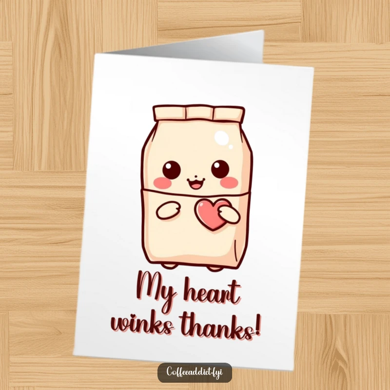 Funny Free Printable Thank You Card: Kawaii coffee bag peeking out, offering a small winking heart, expressing sincere thanks.