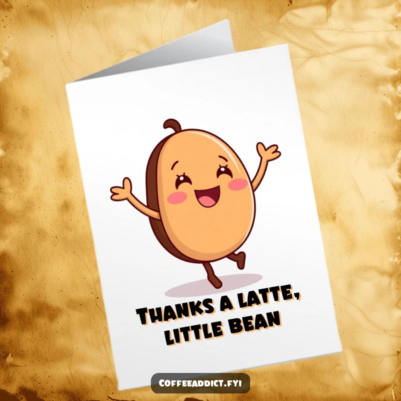 Funny Free Printable Thank You Card: A smiling coffee bean does a happy cartwheel, expressing thanks energetically.