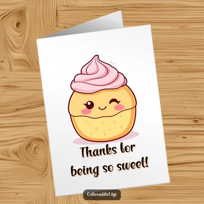 Funny Free Printable Thank You Card: Kawaii pastry with a delighted frosting swirl, a charmingly sweet way to say thanks.